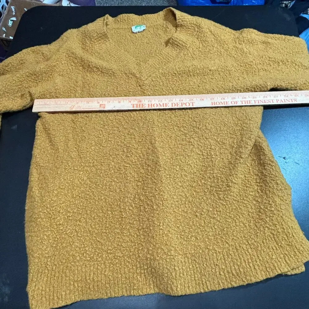 Anthropologie Womens XL Mustard Gold V-Neck Alpaca Wool Boucle Knit Sweater Top